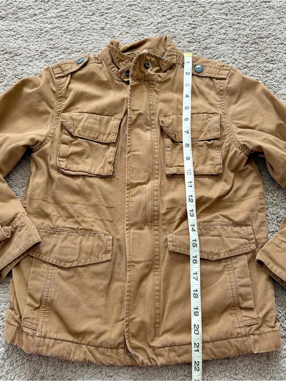 Children’s Place Boys Sz 7/8 Khaki Coat Four Pocket Jacket With Zipper Outdoors
